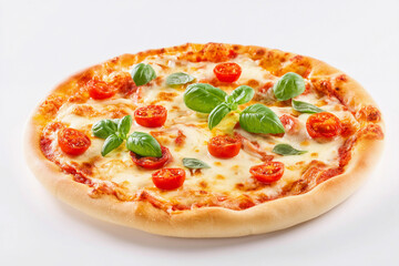 Freshly baked margherita pizza topped with basil and cherry tomatoes on a white background
