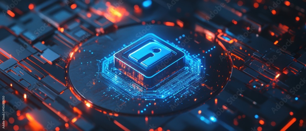 Poster futuristic cyber security lock on circuit board with glowing lights and data streams