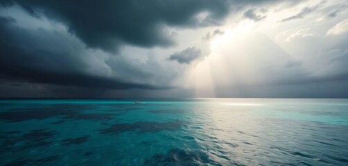 Fototapeta premium Dark, brooding storm clouds unleashing torrential rain over the turquoise waters of the Maldives, waves, cyclone