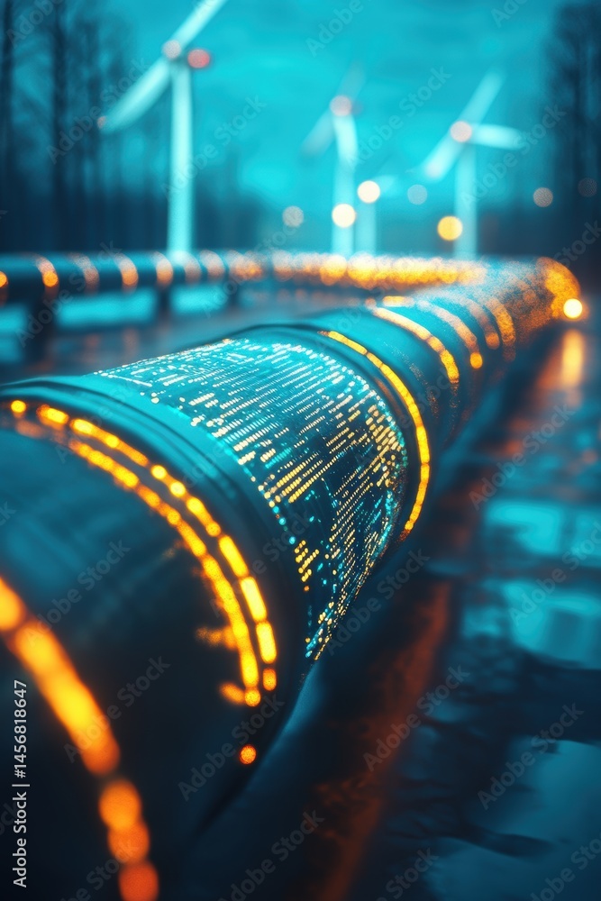 Aufkleber futuristic pipeline with glowing data stream and distant wind turbines at dusk