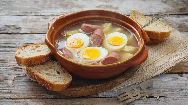 Hearty, Zurek in a rustic ceramic bowl with rye bread, Ambient indoor light, Warm and savory mood, Steaming and inviting
