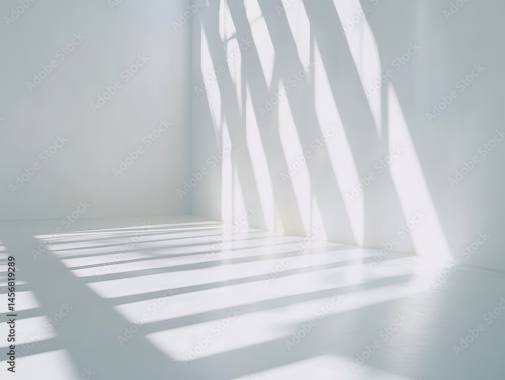 Poster minimalist white room interior with sunlight casting shadows on walls and floor creating abstract pa