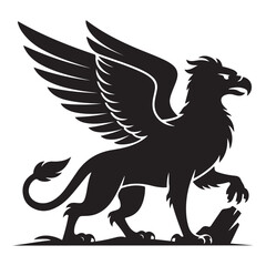 Standing griffin with lifted paw Vector Black silhouettes. with white background