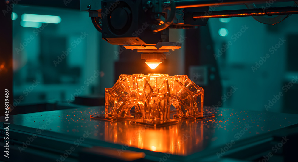 Aufkleber close up of 3d printer creates intricate orange geometric shape with a dark background and glow effe