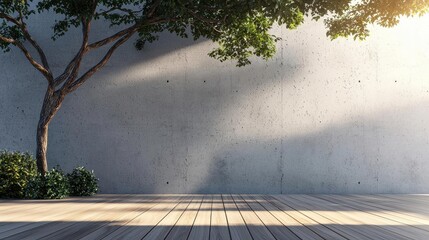 Modern Empty Wood Terrace Blank Concrete Wall Shadow Tree 3D