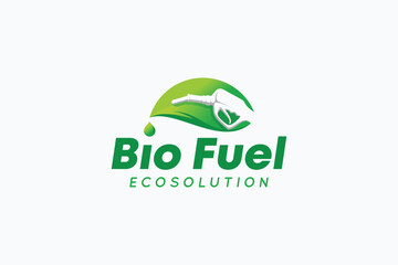 Vector logo design of bio fuel with nozzle in negative space above a green leaf
