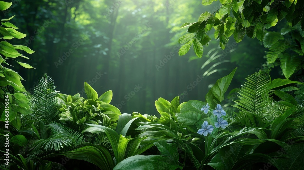 Poster lush green foliage with soft light filtering through a dense forest canopy.