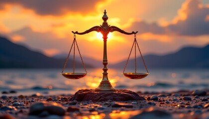 Symbol of Justice: A majestic scale of justice silhouetted against a radiant sunset sky, over the ocean, symbolizing the balance of fairness and the pursuit of truth.