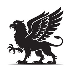 Standing griffin with lifted paw Vector Black silhouettes. with white background