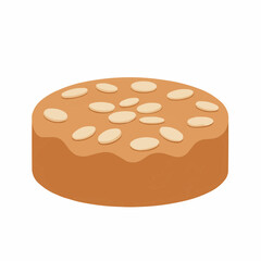 Round flatbread food with beige colored pieces, light brown surface, white backdrop