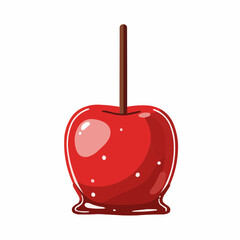 An illustration of a red candied apple with a wooden stick on white background