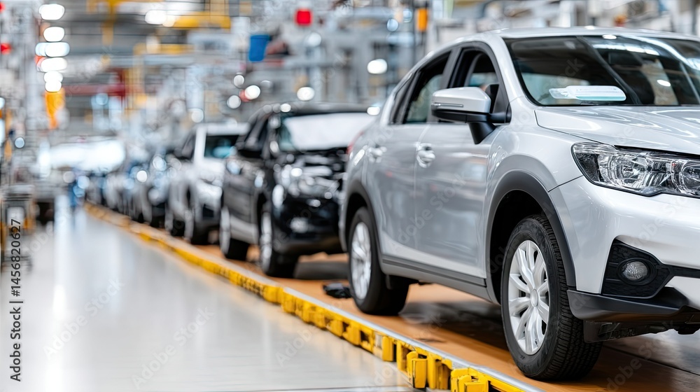 Poster car production line displaying sleek vehicles in a modern factory with soft lighting emphasizing ind