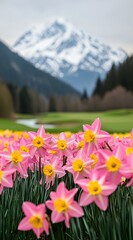Obraz premium Vibrant Pink Daffodils Blooming in Spring Meadow with Mountain View