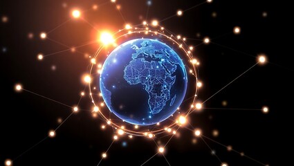 Digital Earth globe surrounded by a glowing network, symbolizing global communication, data connectivity, and technological advancement.
