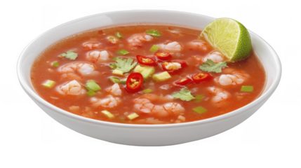 Chilled shrimp soup served in white bowl, accompanied by fresh lime, cilantro, and chili peppers. Appetizing seafood appetizer on a transparent background, PNG image, PNG file.