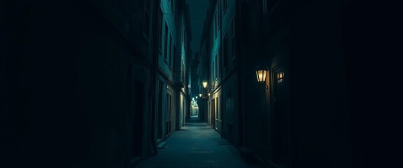Dark, narrow alleyway in old city at night; empty, mysterious, asphalt, mood