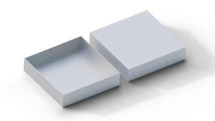 White box with lid mock up isolated. Empty square box mockup with lid isolated on background. Empty box with lid 3d illustration. White gift box with lid.