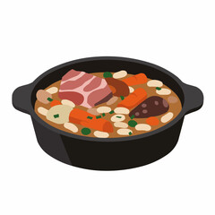 Stew pot. Carrots, mushrooms, beans and meat are in gravy