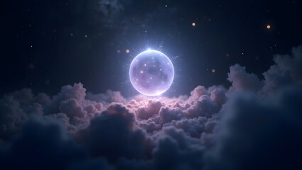 Fototapeta premium Glowing Planet Above Ethereal Clouds in Starry Night Sky, Space, Cosmic Dreamscape Scene