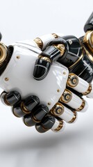 Futuristic handshake between robotic arms symbolizes partnership in digital marketing with computers in the background