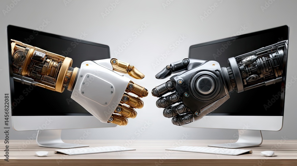 Poster futuristic handshake between robotic arms representing partnership in digital marketing with compute