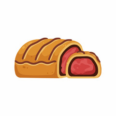 Cake roll pastry with chocolate cream. Light orange color with pinky cherry filling