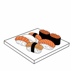 Sushi pieces arranged on a white plate, ready to be consumed and enjoyed