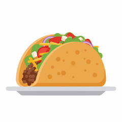 Illustration of filled tortilla with lettuce, tomatoes, cheese, and onion on white