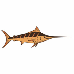 Cartoon image of a marlin with its recognizable long bill and striped pattern, on white backdrop