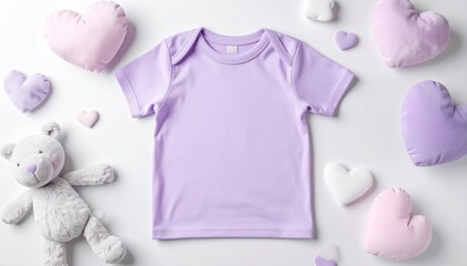 Children t-shirt, mockup pastel concept. Purple children's shirt surrounded by hearts and a teddy bear.