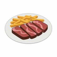 A dish with steak, sliced, with a side of crispy fries