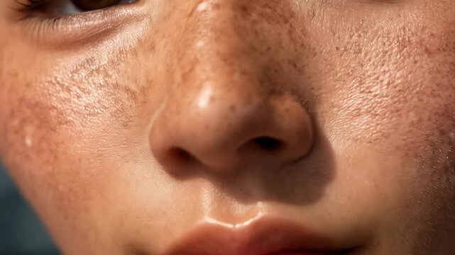 Close-up of a person's face with freckles and closed eyes, showcasing skin texture and detail in soft, natural lighting for beauty concepts.
