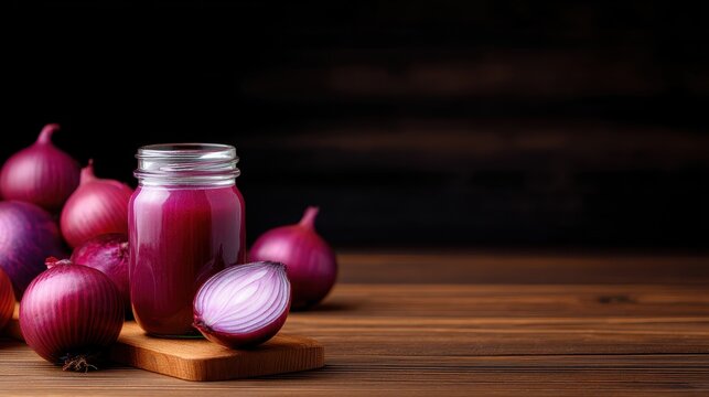 Freshly squeezed red onion juice in a glass jar surrounded by whole onions on a wooden table