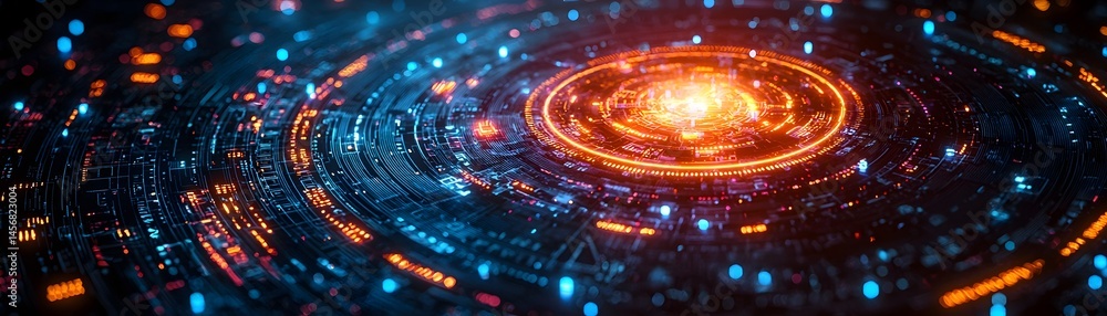 Poster glowing circular interface with interactive holographic icons