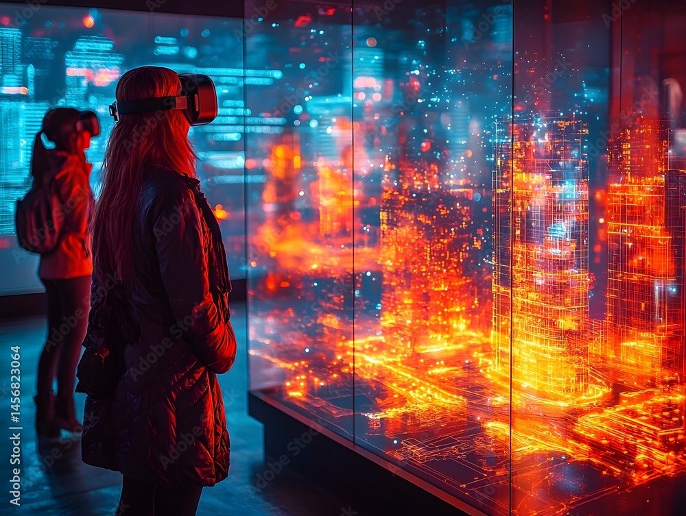 Poster glowing 3d model of proposed infrastructure project in virtual reality display