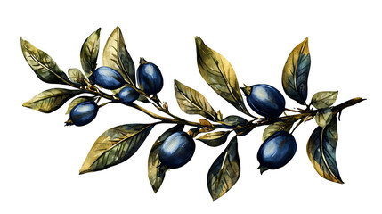 Beautiful watercolor illustration of olive branch featuring green leaves and ripe blue olives, evoking sense of nature and tranquility