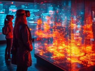 Glowing 3D model of proposed infrastructure project in virtual reality display