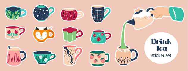 Set of stickers with cups and mugs of different shapes. Tea party. Vector illustration.