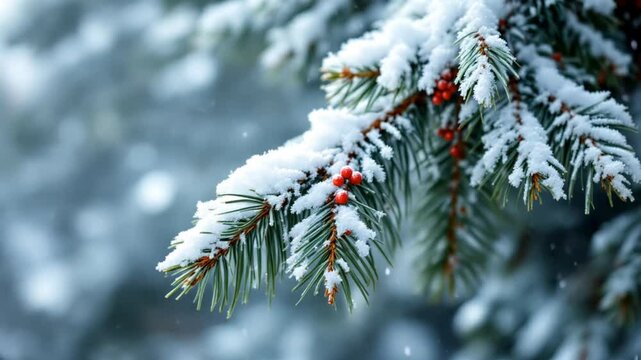 Heavy snow falling from fir tree branch in slow mo. Coniferous snowy tree in winter. Slow motion footage of falling snowflakes