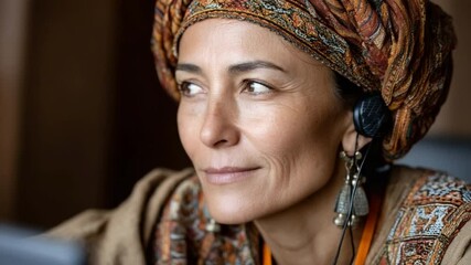 Woman's Grace and Contemplation: A close-up of a woman's face, her eyes reflecting contemplation and wisdom, adorned with a headscarf that enhances her natural beauty.