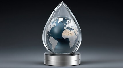 A stunning hyper-realistic 3D rendering of a water droplet encapsulating the Earth, set against an urban pavement backdrop with softly blurred elements in the background