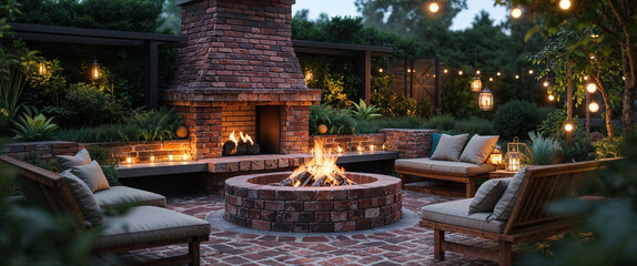 Cozy outdoor fireplace and seating area illuminated by string lights and lanterns at dusk
