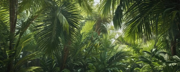 Fototapeta premium Vibrant green palm fronds, sunlight dappled, lush texture , greenery, stock photo, jungle