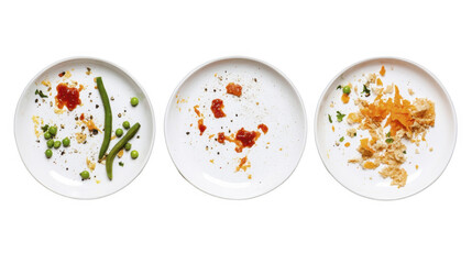 Three plates, each containing leftover food scraps, including vegetables and sauce, scattered messily across the surface on a transparent background, PNG image, PNG file.
