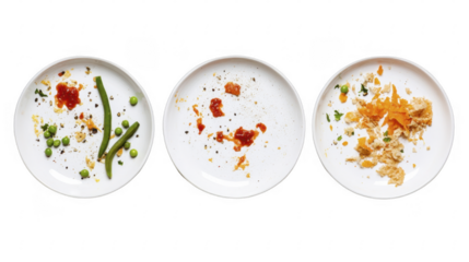 Three plates, each containing leftover food scraps, including vegetables and sauce, scattered messily across the surface on a transparent background, PNG image, PNG file.
