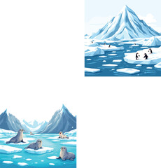 Vsai penguins and seals enjoying arctic landscape with icebergs and mountains © fiore26