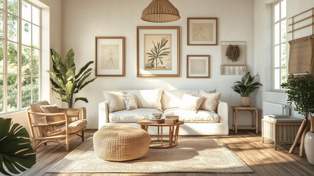 Relaxed, lived-in contemporary boho style interior with natural light, a gallery wall, wide landscape format 16:9