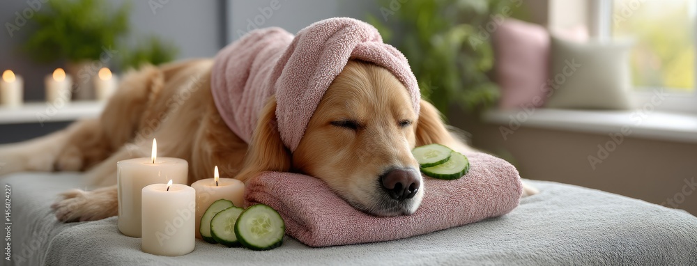 Poster golden retriever enjoys a relaxing spa day with a towel on its head and cucumbers over its eyes in a