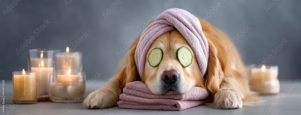 Poster golden retriever enjoys a relaxing spa day with towel on head and cucumbers over eyes in a tranquil 