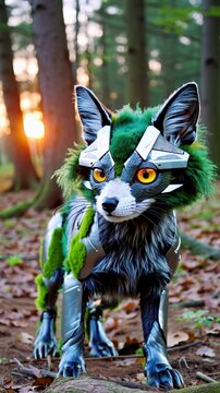 Renard cybern&eacute;tique dans une for&ecirc;t au coucher du soleil

